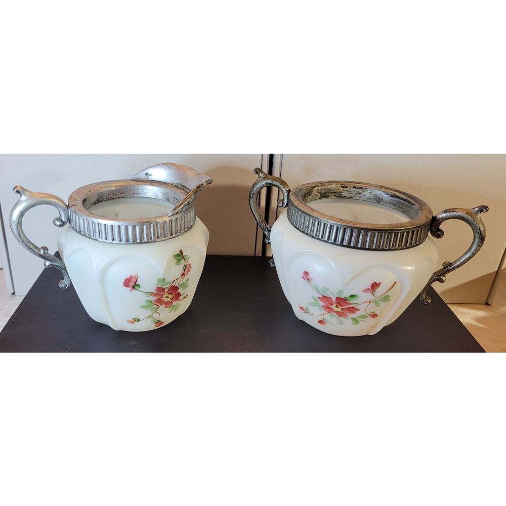 Victorian Era Cream and Sugar Set, Satin Finish Opaque Glass, Floral decorated